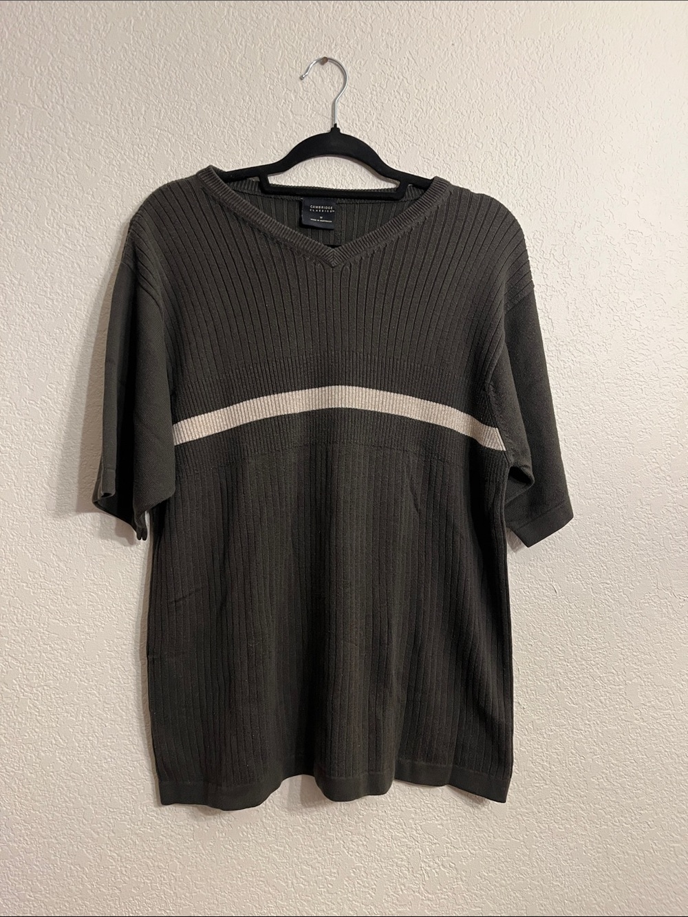 Men's elevated knitwear V-Neck Short-Sleeve Sweater with Cream Stripe